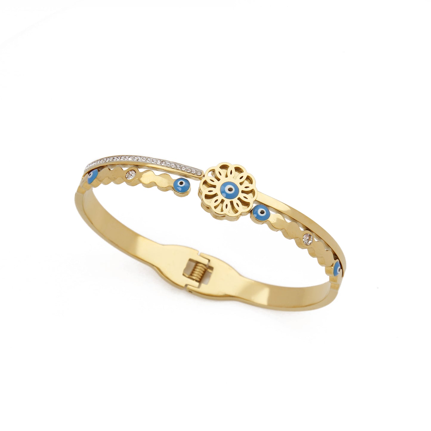 B53:Titanium Stainless Steel Flower Evil Eye Bangle Bracelet ,colour Not Fade, Waterproof ,Side Opening