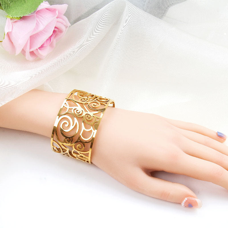B55:Titanium Stainless Steel Cloud Wide Bangle Bracelet and Ring ,colour Not Fade, Waterproof ,Side Opening