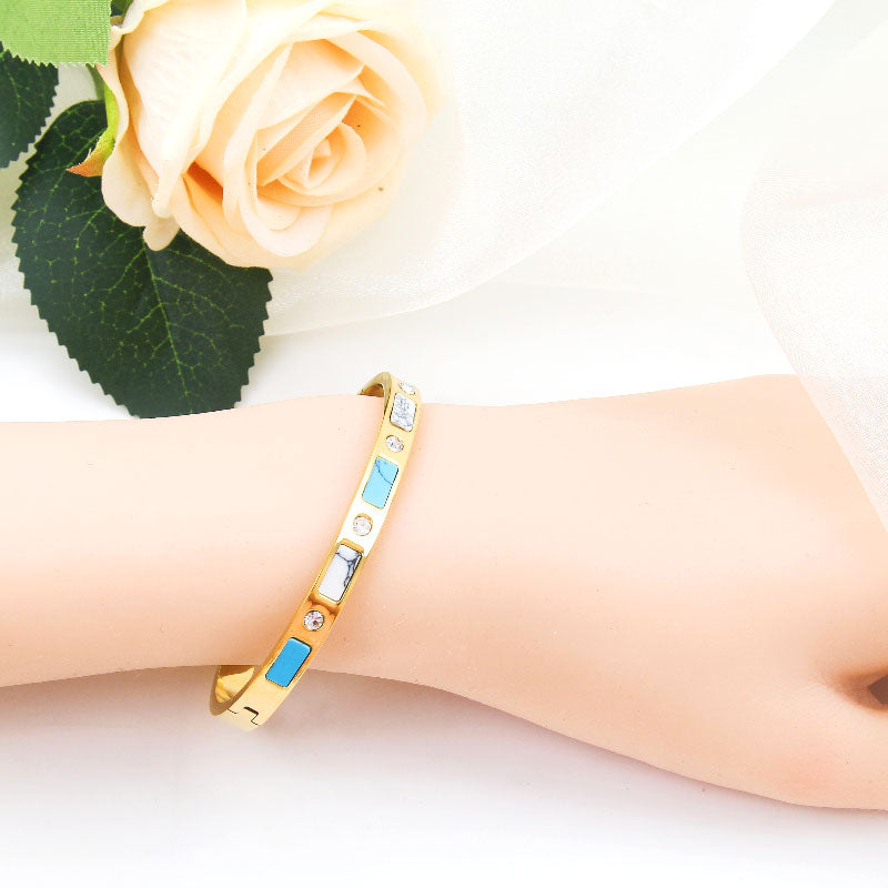 B58:Titanium Stainless Steel Rectangle Tophus and Stones Cross Bangle Bracelet ,colour Not Fade, Waterproof,Side Opening