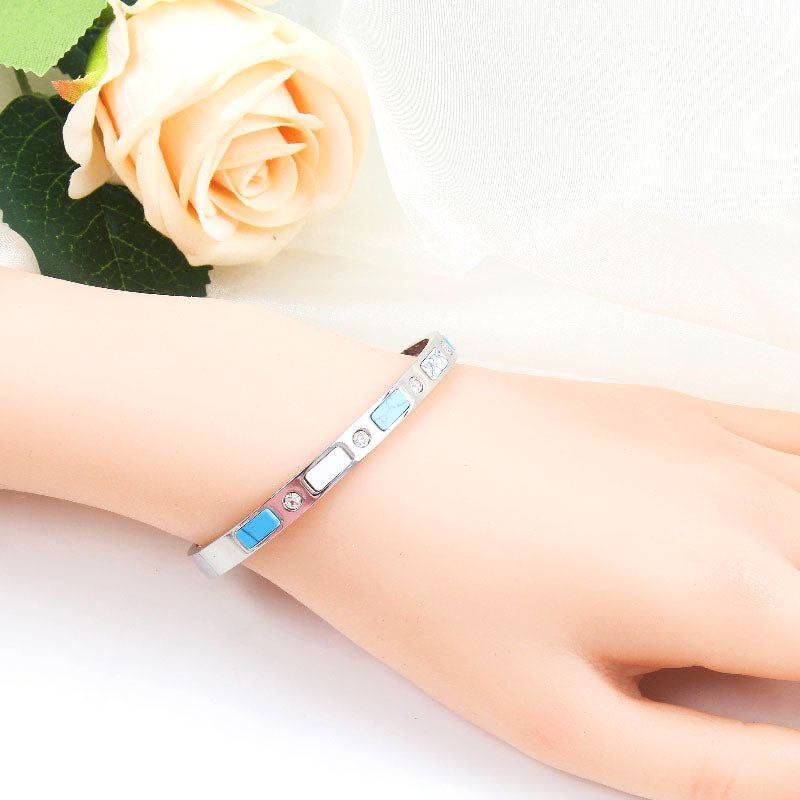 B58:Titanium Stainless Steel Rectangle Tophus and Stones Cross Bangle Bracelet ,colour Not Fade, Waterproof,Side Opening