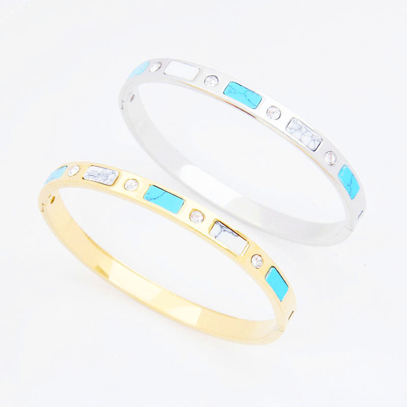 B58:Titanium Stainless Steel Rectangle Tophus and Stones Cross Bangle Bracelet ,colour Not Fade, Waterproof,Side Opening