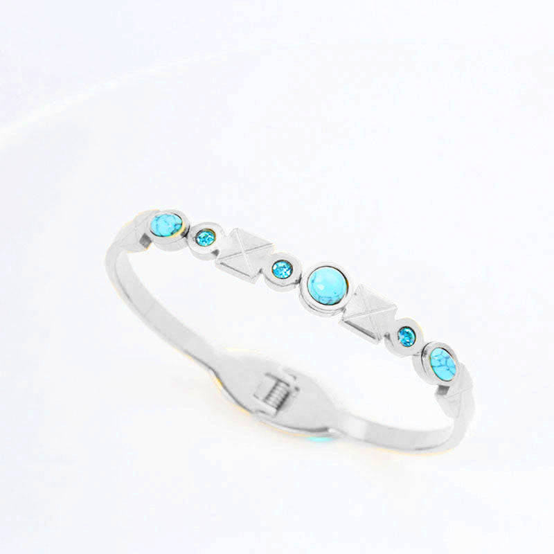 B59:Titanium Stainless Steel Turquoise and Stones Cross Bangle Bracelet ,colour Not Fade, Waterproof,Side Opening