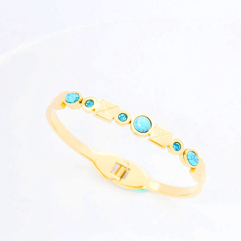 B59:Titanium Stainless Steel Turquoise and Stones Cross Bangle Bracelet ,colour Not Fade, Waterproof,Side Opening
