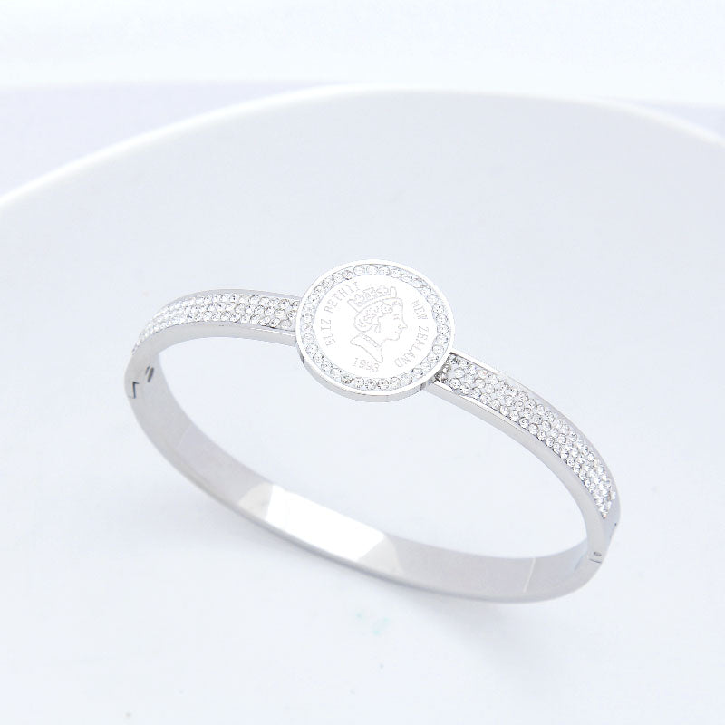 B64:Titanium Stainless Steel Coin Bangle Bracelet ,colour Not Fade, Waterproof ,Side Opening