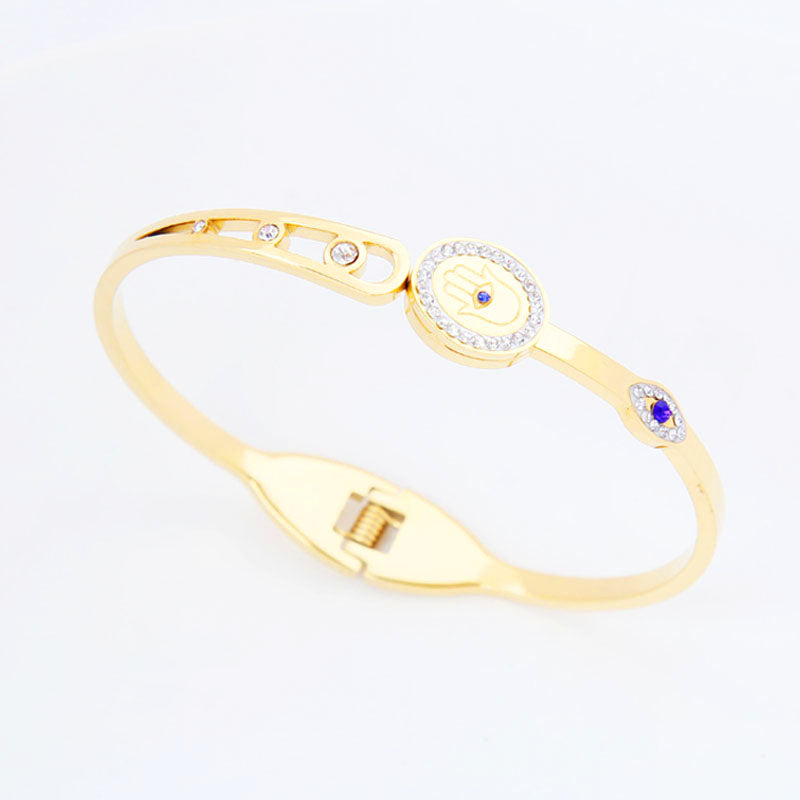 B73:Titanium Stainless Steel Fatima Hamsa Hand Evil Eye Bangle Bracelet ,colour Not Fade, Waterproof ,Side Opening