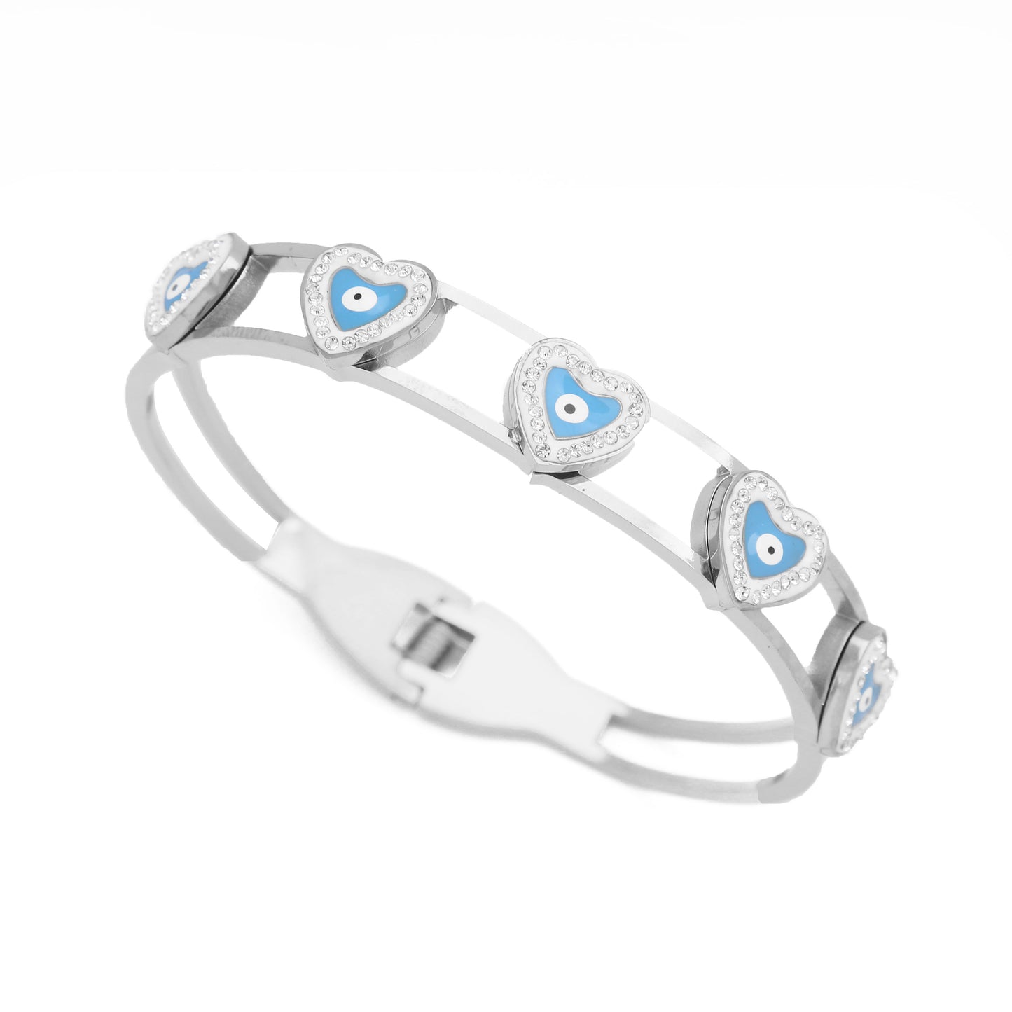 B76:Titanium Stainless Steel Heart Evil Eye Bangle Bracelet,colour not fade, waterproof,Side Opening