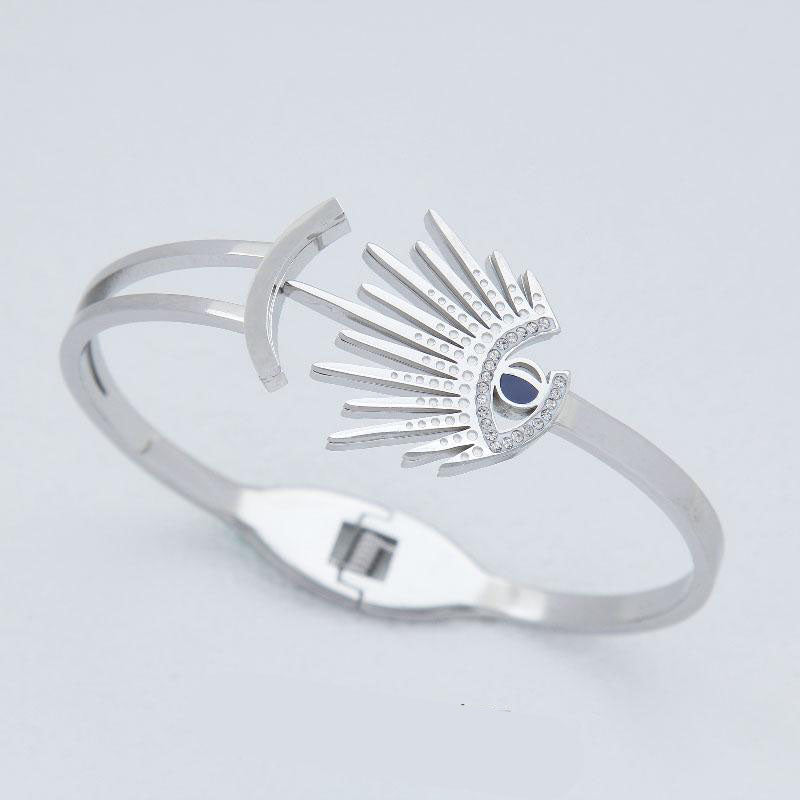 B77:Titanium Stainless Steel Evil Eye Bangle Bracelet,colour Not Fade,Waterproof,Top Opening