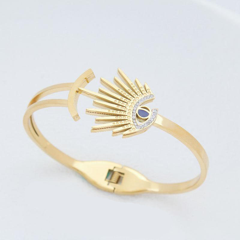 B77:Titanium Stainless Steel Evil Eye Bangle Bracelet,colour Not Fade,Waterproof,Top Opening