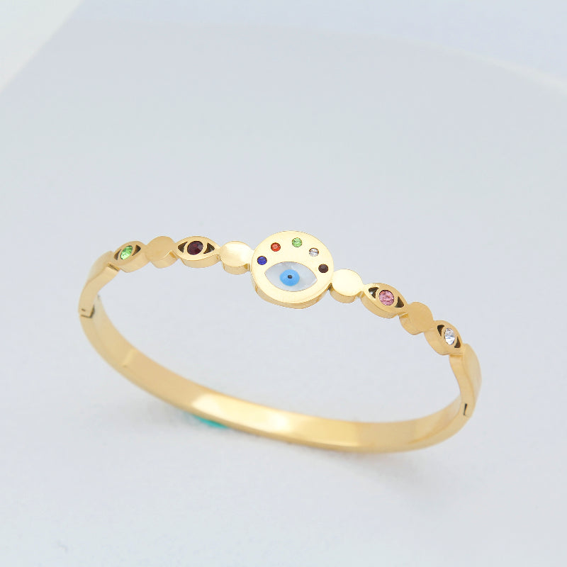 B78:Titanium Stainless Steel Round Corlorful Stone Evil Eye Bangle Bracelet,colour Not Fade,Waterproof ,Top Opening