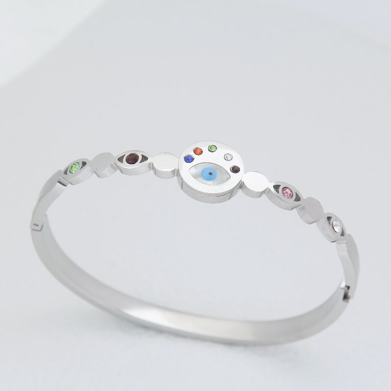 B78:Titanium Stainless Steel Round Corlorful Stone Evil Eye Bangle Bracelet,colour Not Fade,Waterproof ,Top Opening
