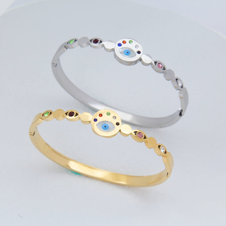 B78:Titanium Stainless Steel Round Corlorful Stone Evil Eye Bangle Bracelet,colour Not Fade,Waterproof ,Top Opening