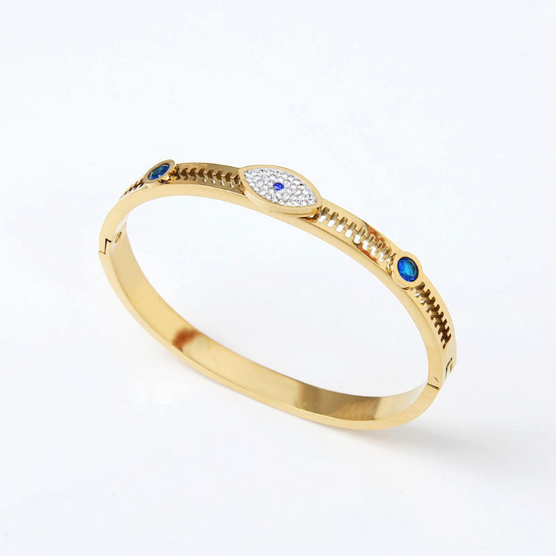 B8:Titanium Stainless Steel Fashion Evil Eye and Zip Style Bangle Bracelet ,colour not Fade,Waterproof,Top Opening