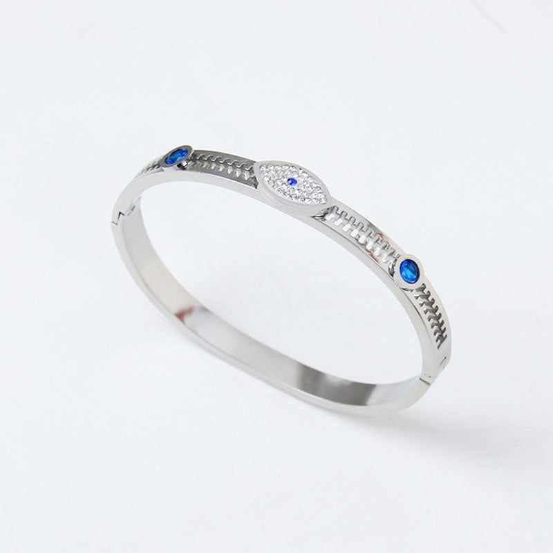 B8:Titanium Stainless Steel Fashion Evil Eye and Zip Style Bangle Bracelet ,colour not Fade,Waterproof,Top Opening