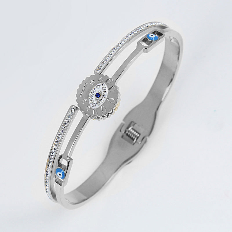 B84:Titanium Stainless Steel Evil Eye Brangle Bracelet,colour Not Fade,Waterproof,Top Opening
