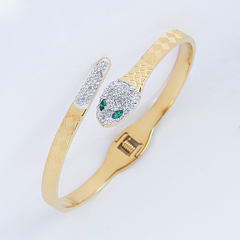 B89:Titanium Stainless Steel Classic Snake with Green Zircon Eye Bangle Bracelet,colour Not Fade,Waterproof,Top Opening