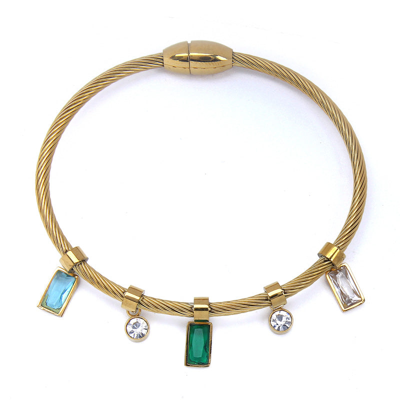 B95:Titanium Stainless Steel Classic Square Zircon Bangle Bracelet,colour Not Fade, Waterproof,Top Opening