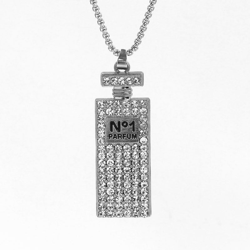 HN001:Hip-Hop Fashion Creative Sweater Chain, Perfume Bottle Faux Diamond Pendant Long Necklace Accessories For Men