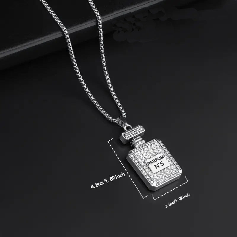 HN001:Hip-Hop Fashion Creative Sweater Chain, Perfume Bottle Faux Diamond Pendant Long Necklace Accessories For Men