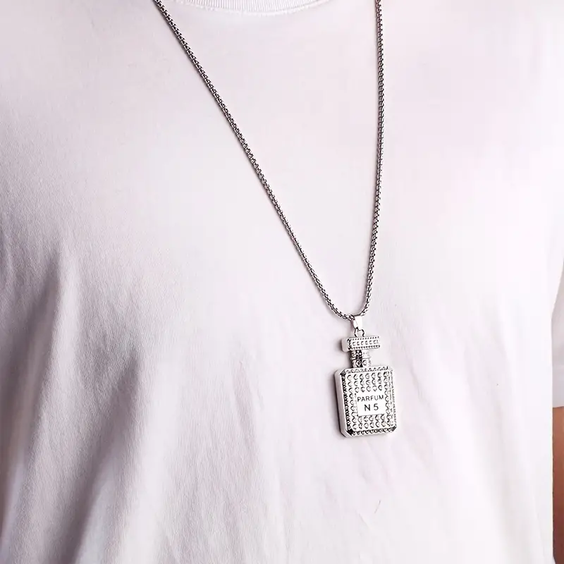HN001:Hip-Hop Fashion Creative Sweater Chain, Perfume Bottle Faux Diamond Pendant Long Necklace Accessories For Men
