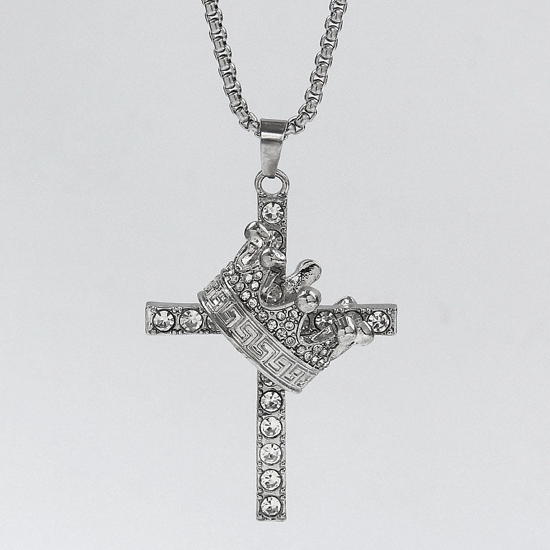 HN002:Hip-Hop Style Necklace, Cross And Crown with Stone Necklace For Women And Men