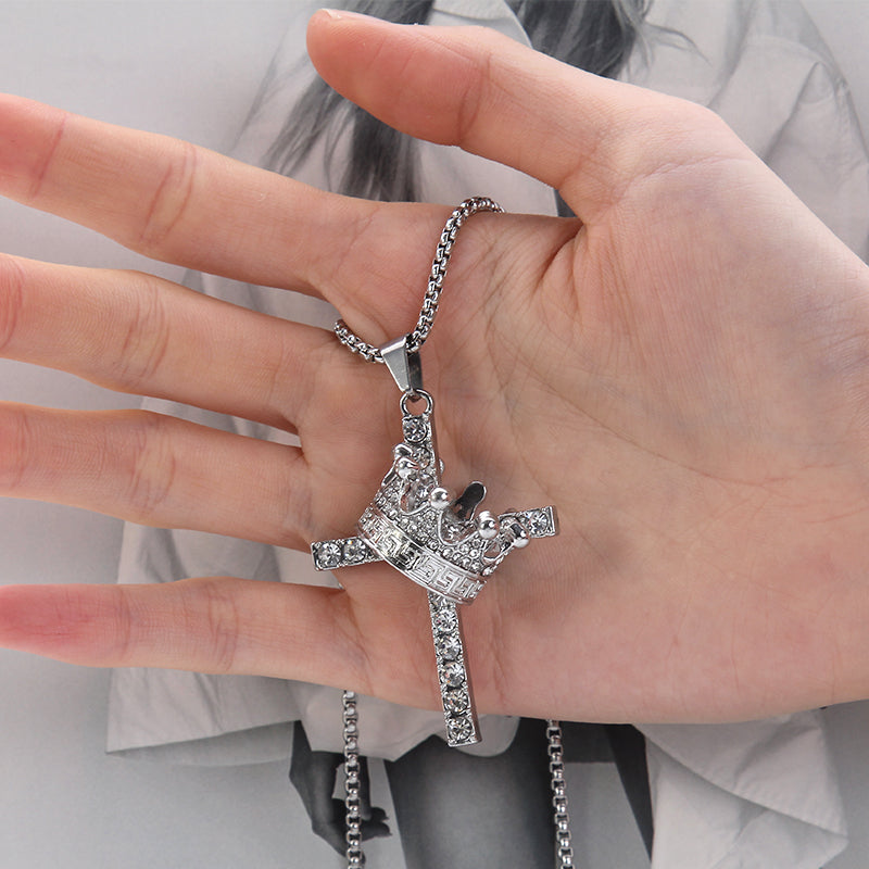 HN002:Hip-Hop Style Necklace, Cross And Crown with Stone Necklace For Women And Men