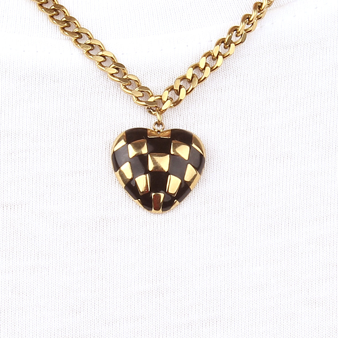 N004:Stainless Steel Titanium Checkerboard Heart Necklace For Women And Men, Color Not Fade, Waterproof