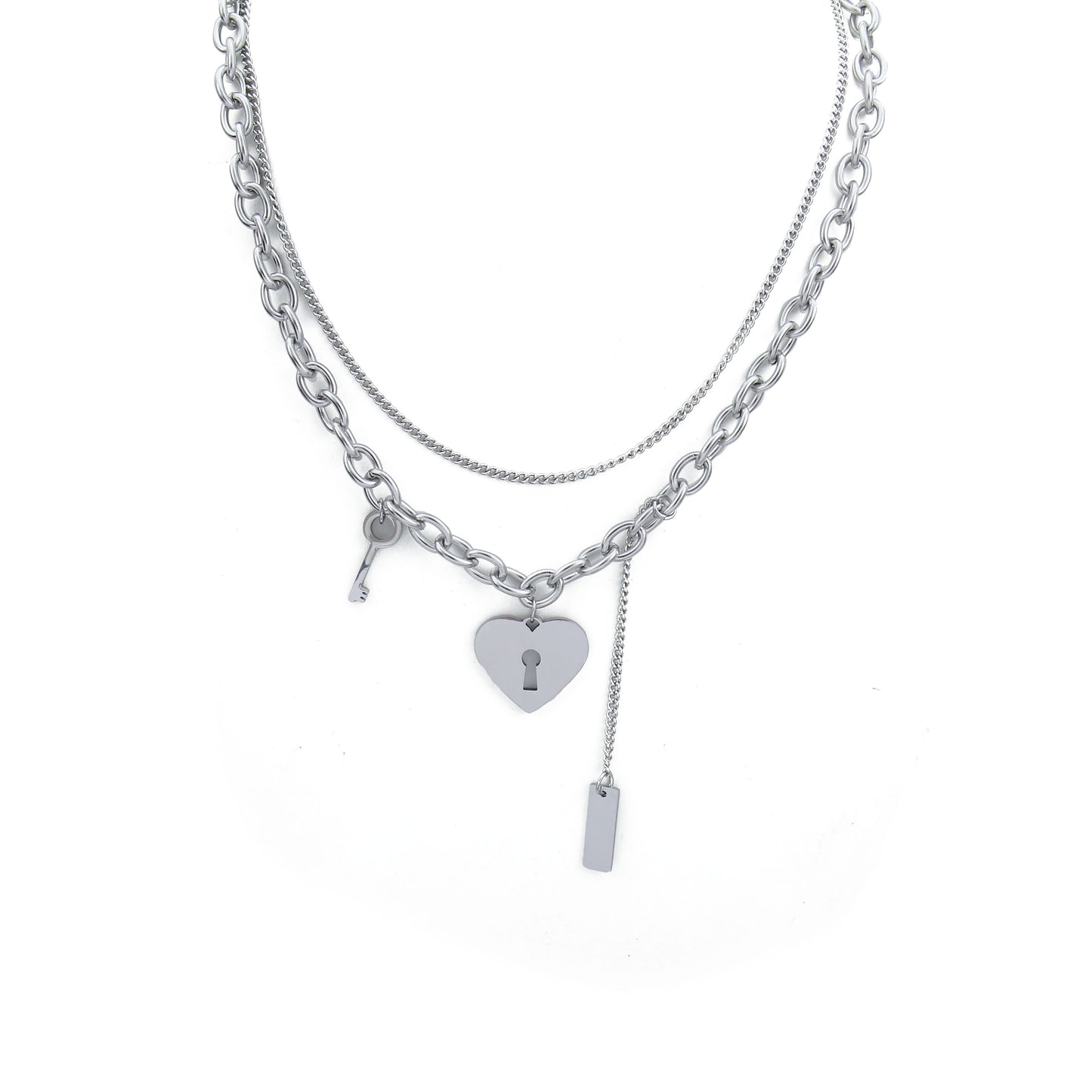 N008:Love Lock Double Stainless Steel Necklace Heart Key Pendant Punk Cuban Chain Personalized Woman Jewelry For Women And Men, Color Not Fade, Waterproof