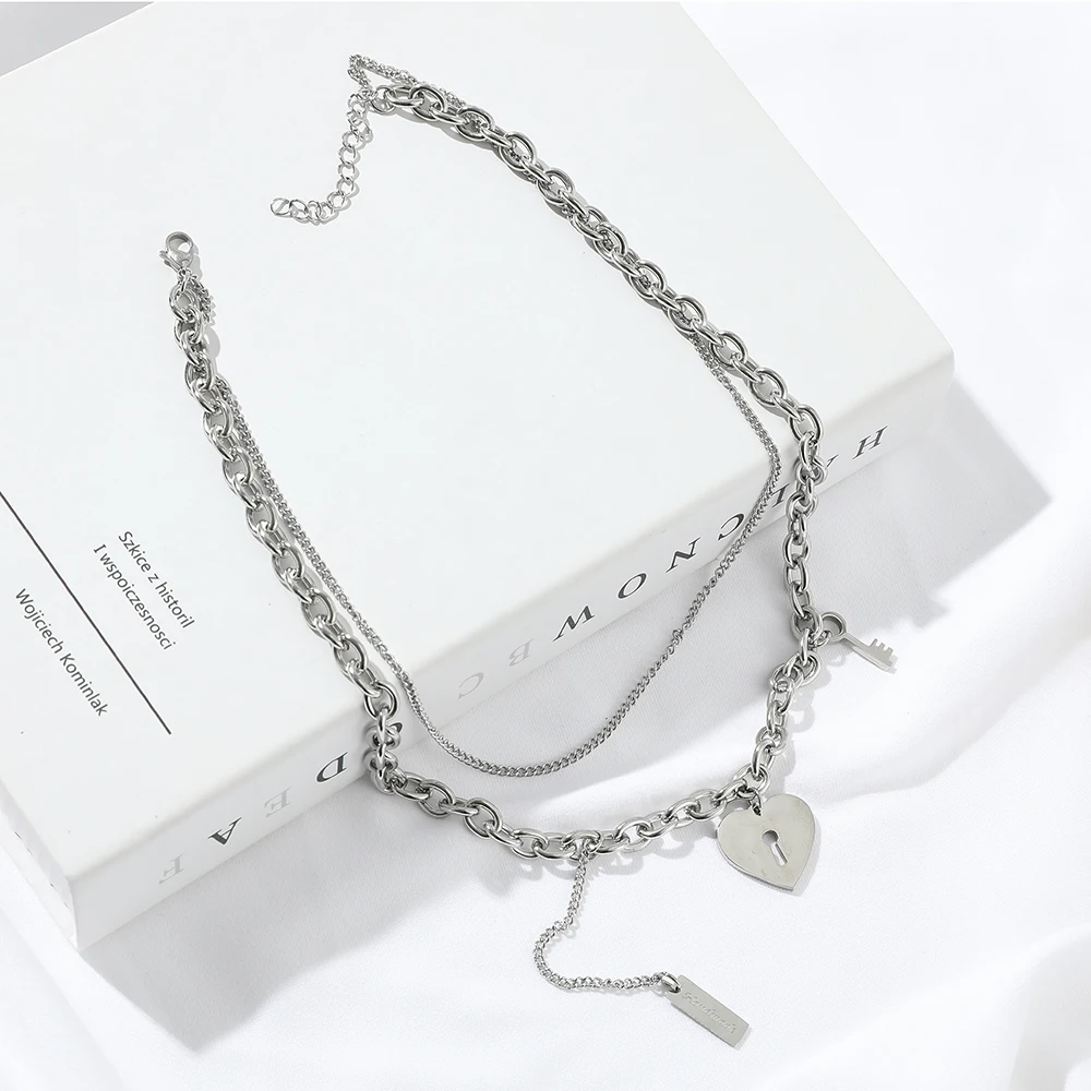 N008:Love Lock Double Stainless Steel Necklace Heart Key Pendant Punk Cuban Chain Personalized Woman Jewelry For Women And Men, Color Not Fade, Waterproof