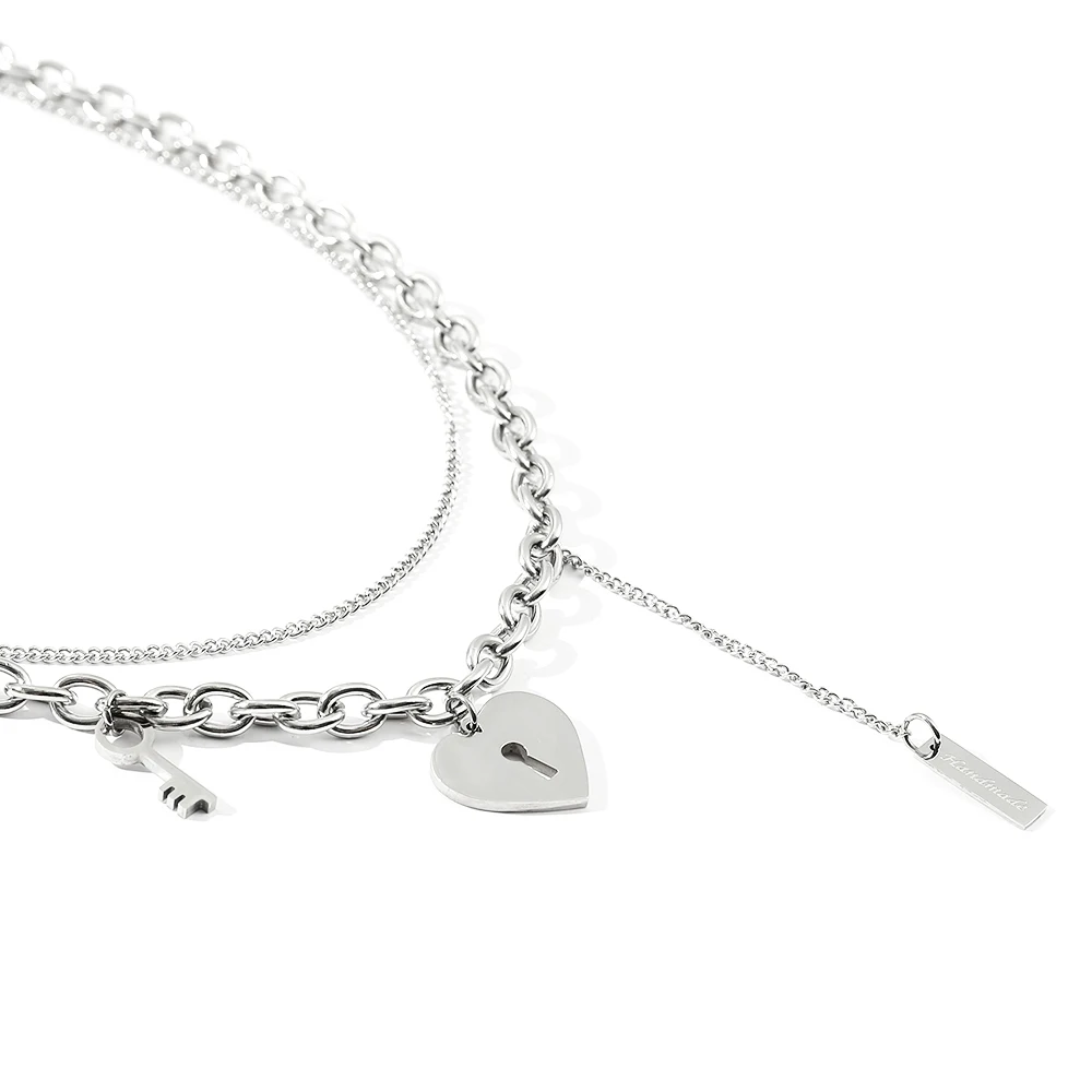 N008:Love Lock Double Stainless Steel Necklace Heart Key Pendant Punk Cuban Chain Personalized Woman Jewelry For Women And Men, Color Not Fade, Waterproof