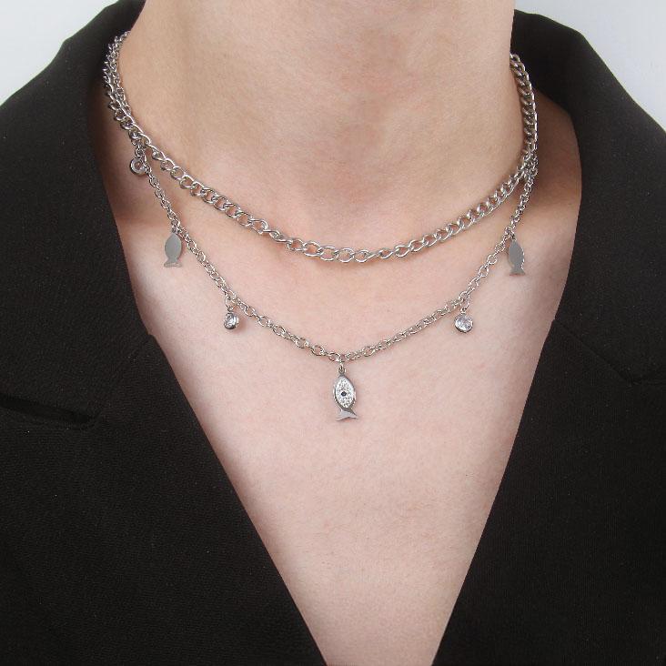 N071:Stainless Steel Titanium Fish And Evil Eye Multi layered Necklace For Women And Men,Color Not Fade, Waterproof
