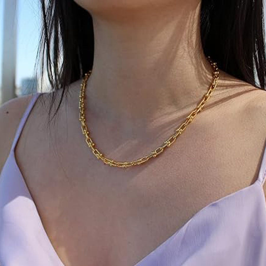 N165:Herringbone Necklace Horseshoe Link Chain Necklace For Women And Men, Color Not Fade, Waterproof"
