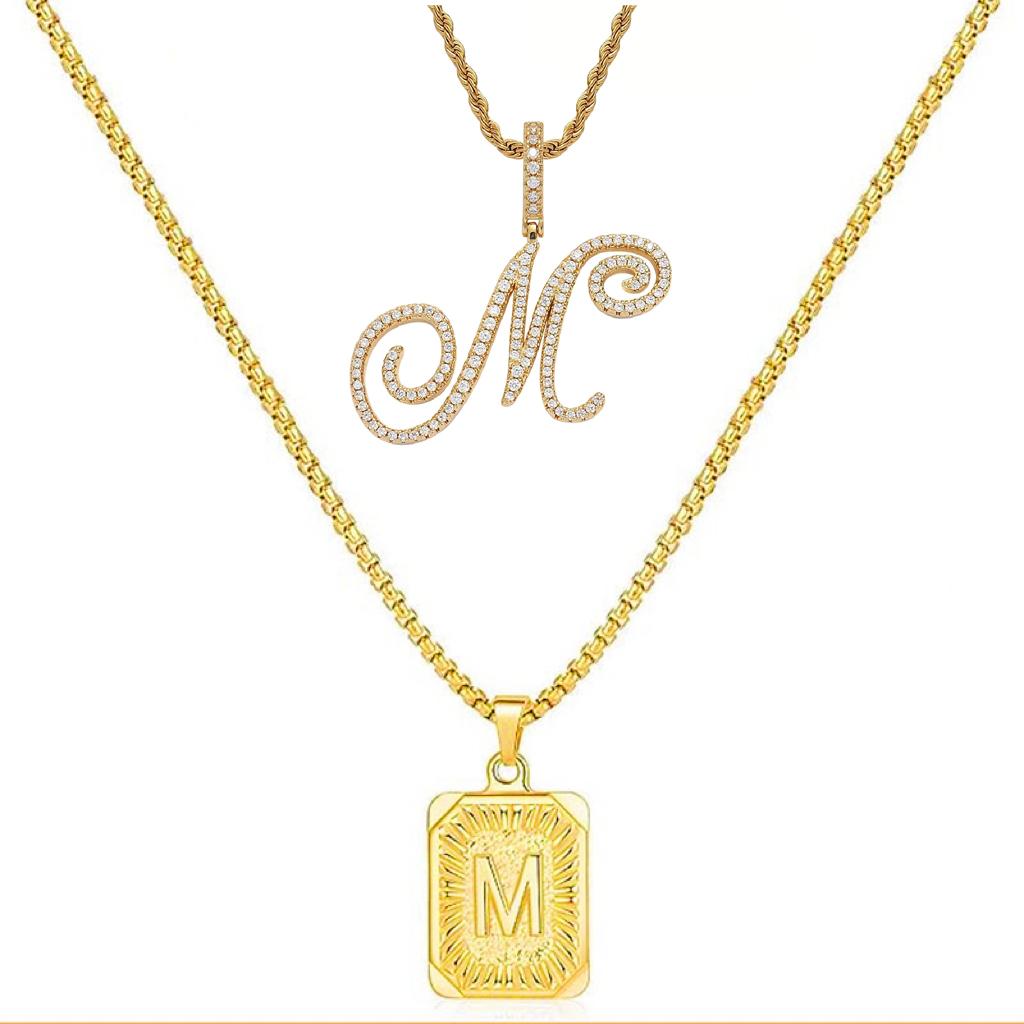 Set of 2 (2 initials necklace include gift), 26 letters necklace, floral alphabet necklace, 20'' Letter Pendant + 24'' Rectangular Tag, buy 1 letter necklace get 1 floral initial necklace free.