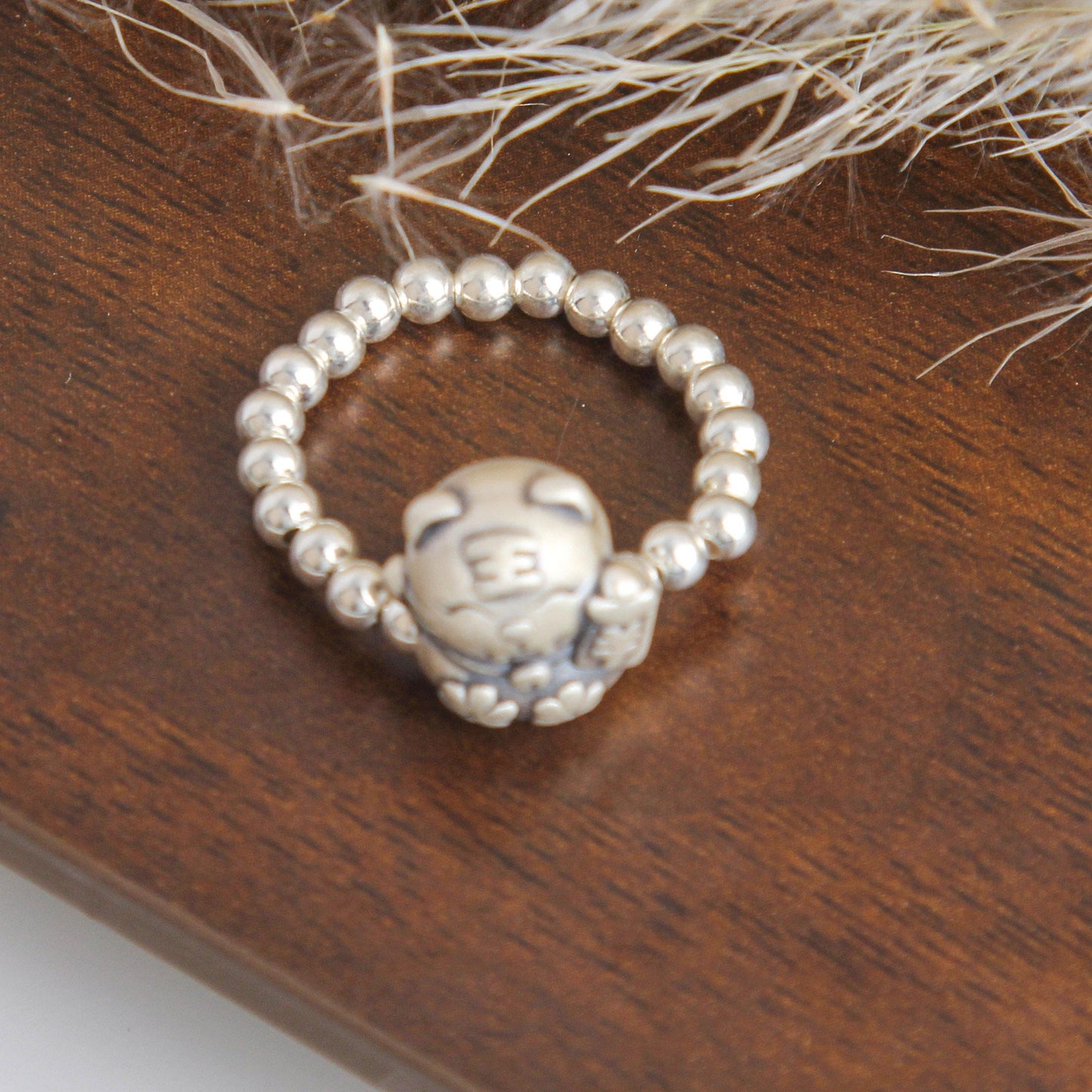 S925 Cute Smiling Tiger Beaded Ring - Sterling Silver, Playful Tiger Design with Beaded Band, Adorable Fashion Accessory for Any Occasion, Perfect Gift for Women, Girls, and Kids