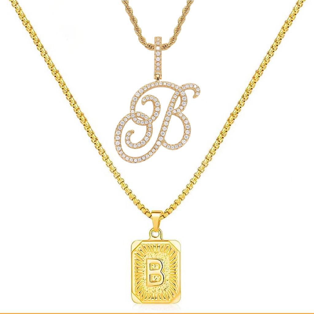 Set of 2 (2 initials necklace include gift), 26 letters necklace, floral alphabet necklace, 20'' Letter Pendant + 24'' Rectangular Tag, buy 1 letter necklace get 1 floral initial necklace free.