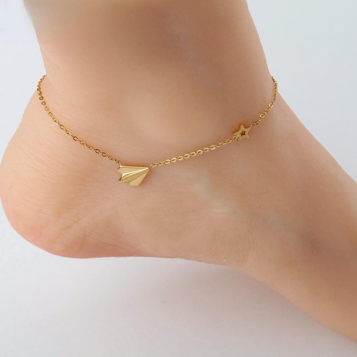 set/ necklace, bracelet, anklet Minimalist Stainless Steel Necklace with Origami Airplane and Star Charms, Stylish for summer,daily wearing