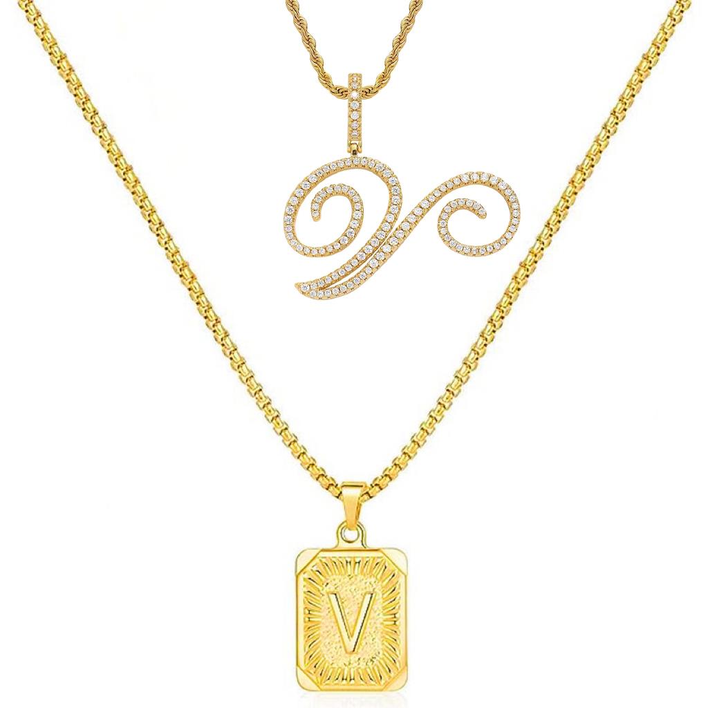 Set of 2 (2 initials necklace include gift), 26 letters necklace, floral alphabet necklace, 20'' Letter Pendant + 24'' Rectangular Tag, buy 1 letter necklace get 1 floral initial necklace free.