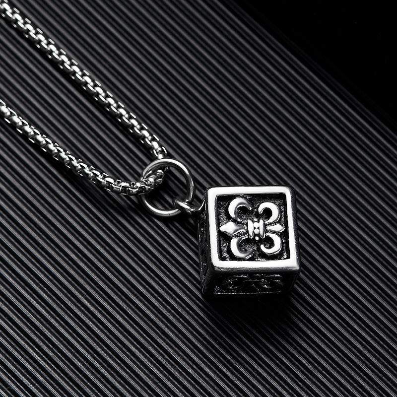 HN064:Hip-Hop Style Necklace,Fleur De Lis Cube Pendent Necklace For Women And Men