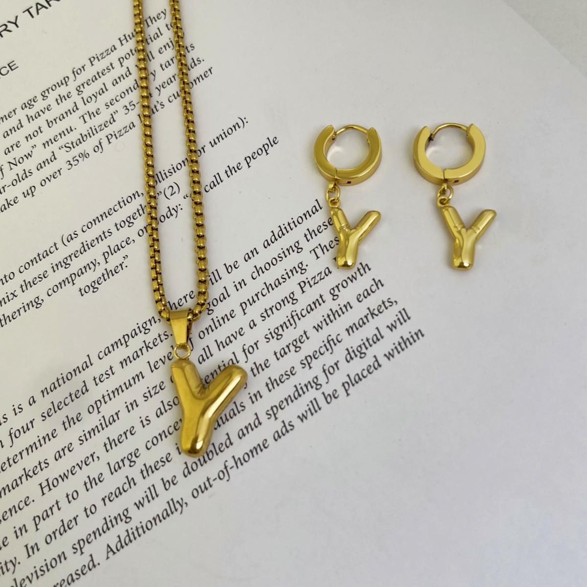Initial Set/ Bubble Letter Necklace and Earrings, A-Z Balloon Initial Necklaces for Women Girls, stainless steel, Dainty Alphabet Pendant, Bold Puffy Name Necklace and Earrings