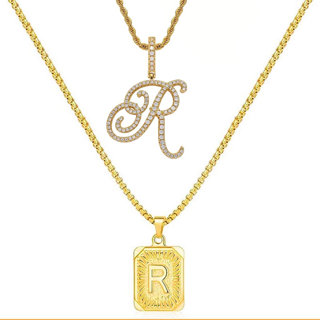 Set of 2 (2 initials necklace include gift), 26 letters necklace, floral alphabet necklace, 20'' Letter Pendant + 24'' Rectangular Tag, buy 1 letter necklace get 1 floral initial necklace free.