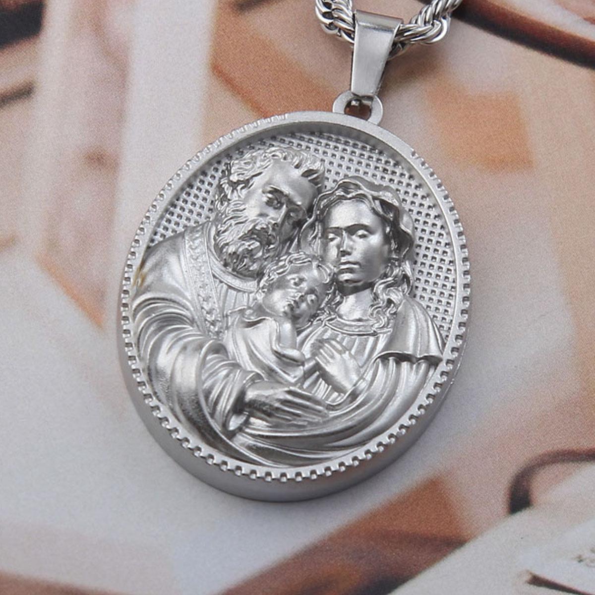 Exquisite Holy Family Pendant Necklace for Men or Wonmen, Stainless Steel Christian Necklace, Religious Silver Catholic Necklace, Perfect Mother’s Day Charm Gift