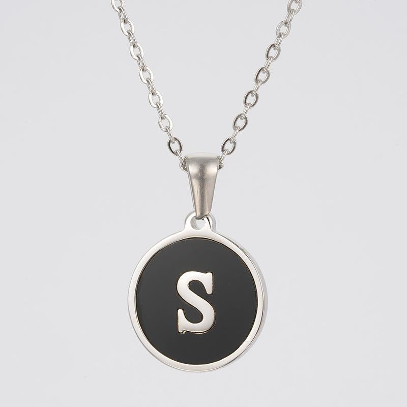 LN010:Stainless Steel Initial Necklace,Letter Detail Round Pendant Necklace For Women and Men