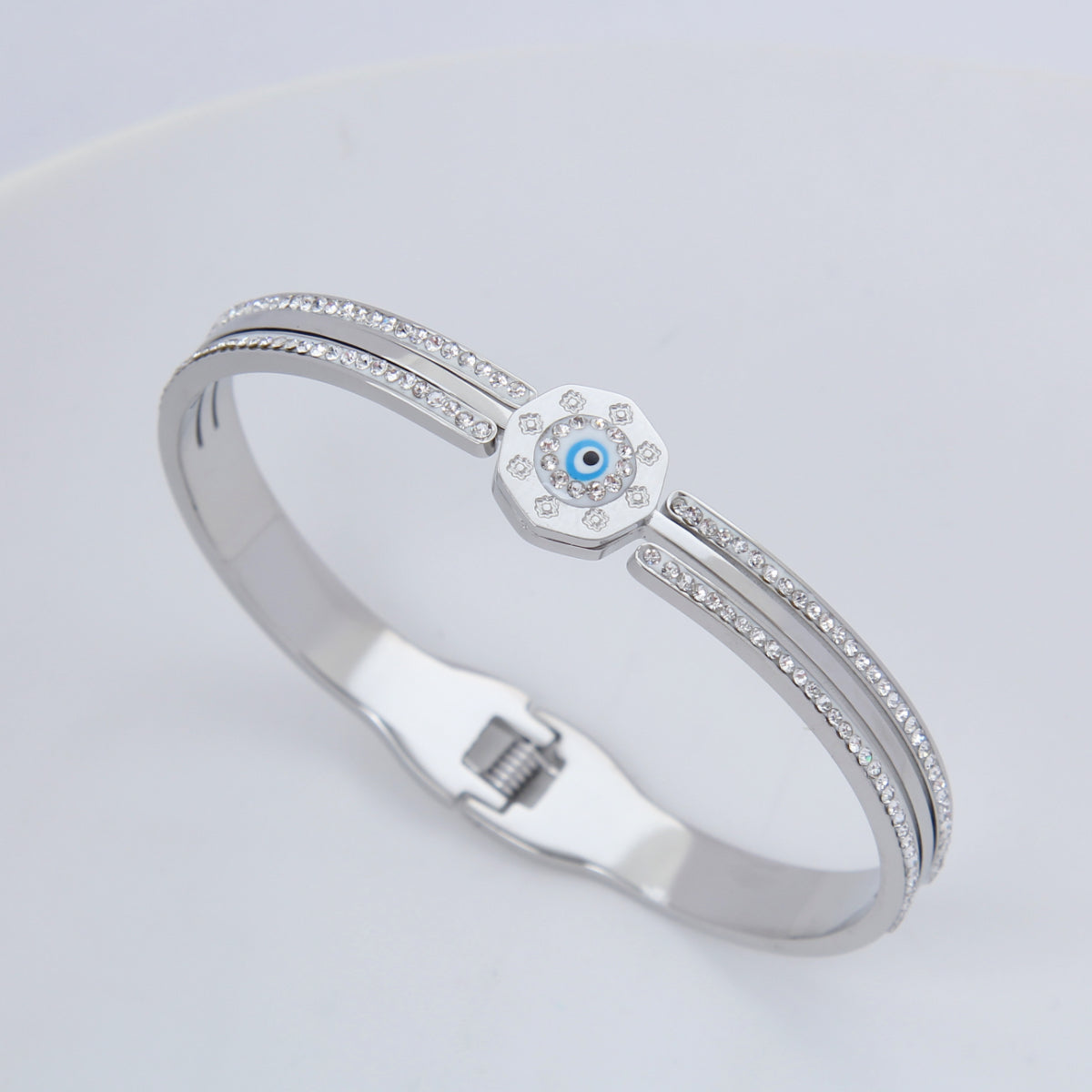 B3:Titanium Stainless Steel Evil Eye Bangle Bracelet,colour not Fade, Waterproof,Side Opening