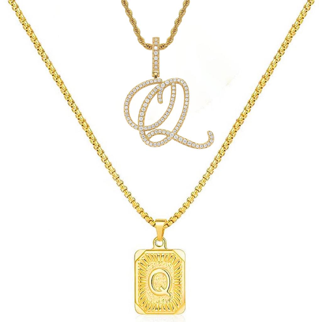 Set of 2 (2 initials necklace include gift), 26 letters necklace, floral alphabet necklace, 20'' Letter Pendant + 24'' Rectangular Tag, buy 1 letter necklace get 1 floral initial necklace free.