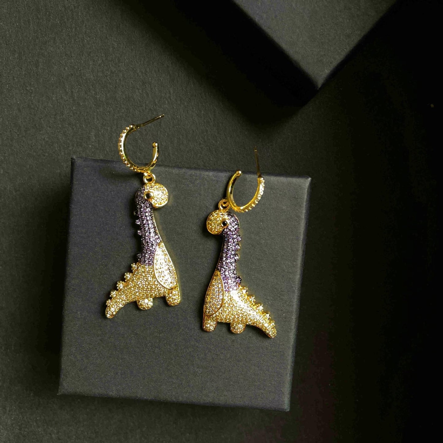 Lovely Dinosaur Dangle Hoop Earring with Zircon, Cute Animal Dangling Charm Drop Huggie Hoops Studs Earring Dainty Jewelry Gifts for Women Girls