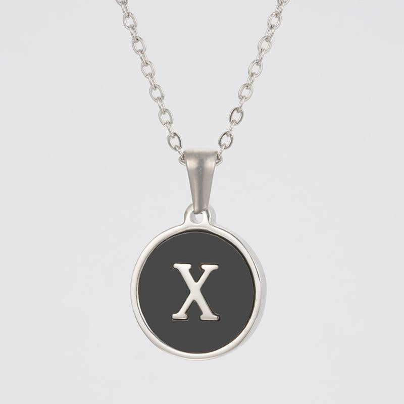 LN010:Stainless Steel Initial Necklace,Letter Detail Round Pendant Necklace For Women and Men