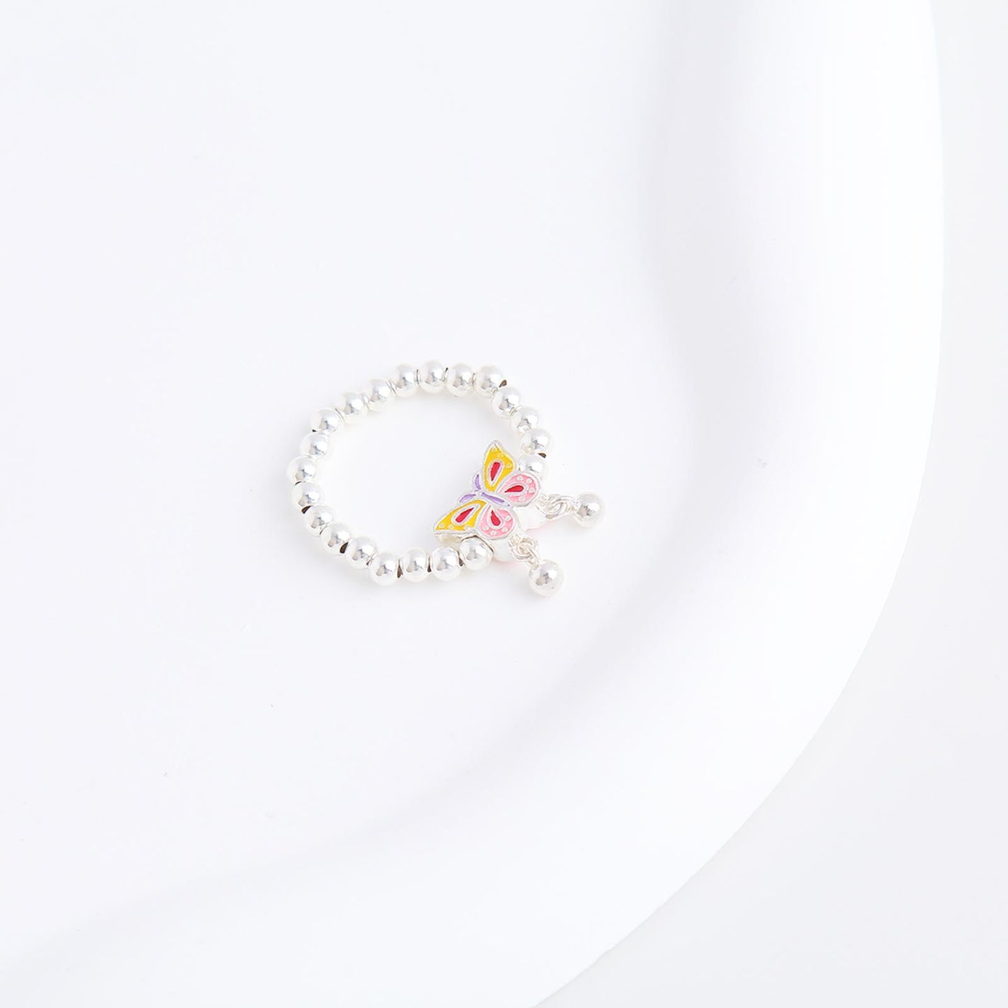 S925 Colorful Butterfly Charm Beaded Ring - Sterling Silver, Exquisite Butterfly Design with Wings Suspend Beads, Vibrant Color Block Style, Perfect Gift for Women and Girls