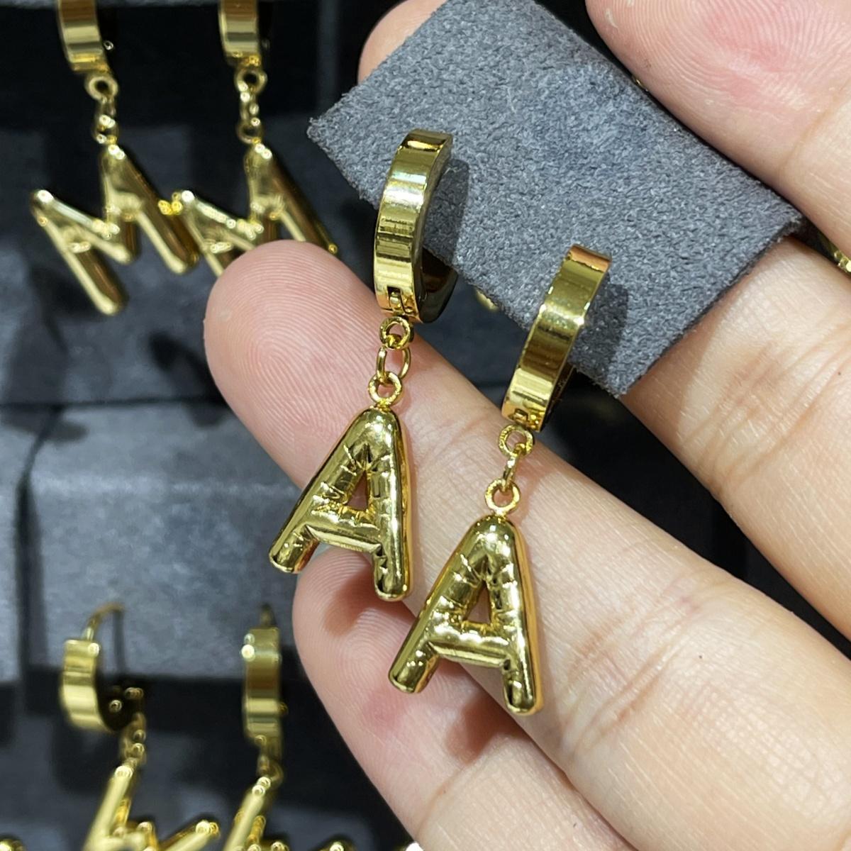 A-Z Bubble Letter Earlobe Earrings, Balloon Initial Hoop Earrings for Women,Stainless Steel, Elegant Puffy Alphabet Jewelry Gift for Women