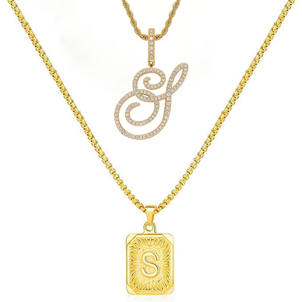 Set of 2 (2 initials necklace include gift), 26 letters necklace, floral alphabet necklace, 20'' Letter Pendant + 24'' Rectangular Tag, buy 1 letter necklace get 1 floral initial necklace free.