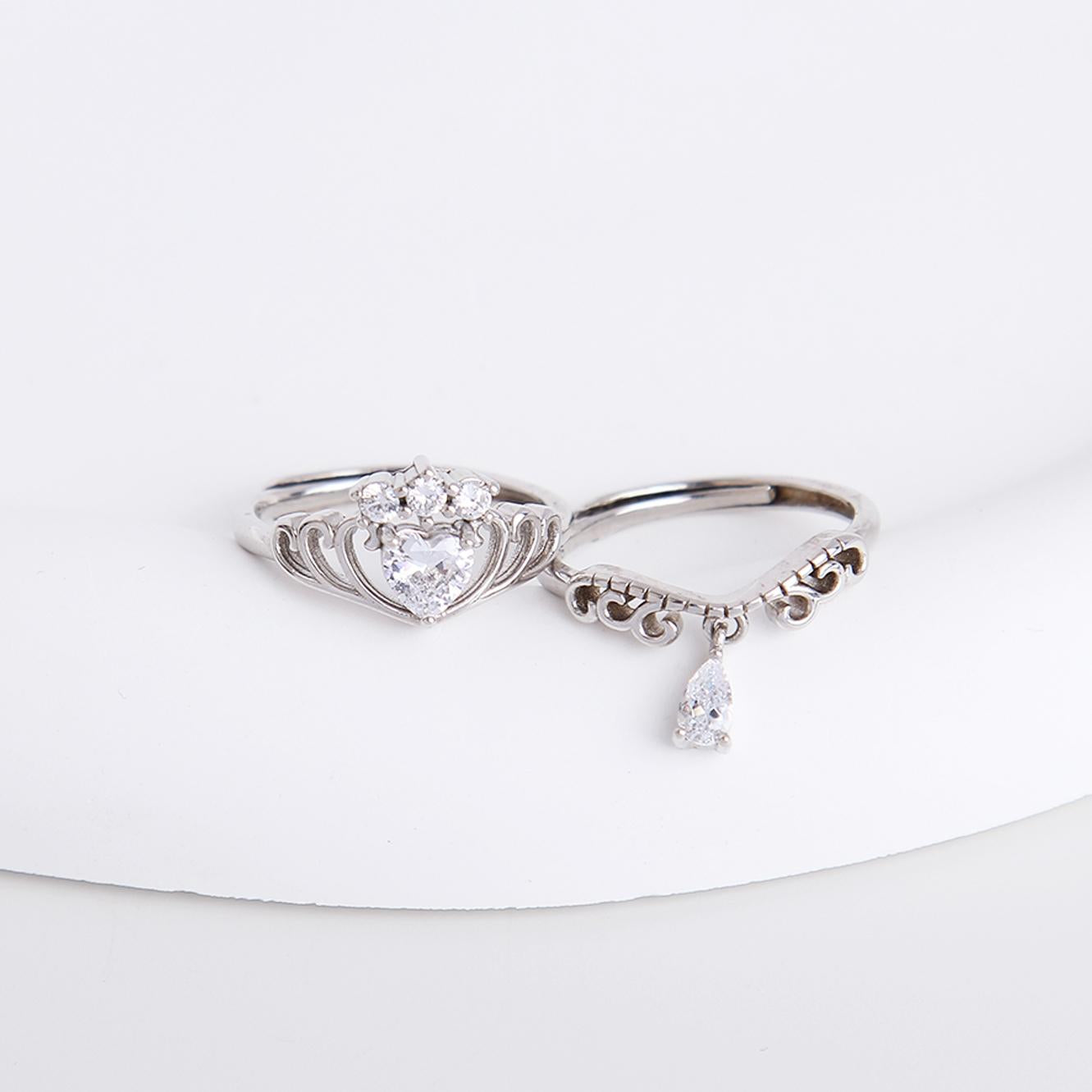 S925 Tiara Charm Silver Ring Set - Sterling Silver, Featuring Sparkling Zirconia Stones, Double Layer Design with Two Rings, Luxurious Stacking Jewelry, Simple and Elegant for Women