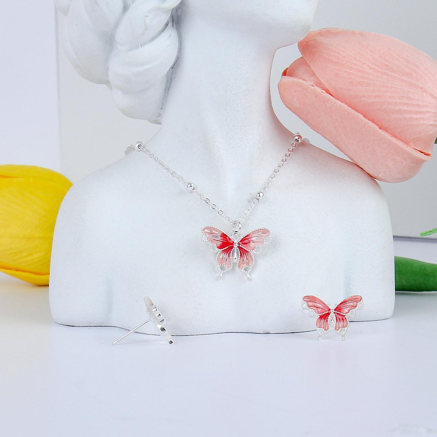 S925 Sterling Silver set for women-Coral Butterfly Pendant,Simple and Timeless, Dainty Gifts for Mom ,Daughter, Girlfriend.